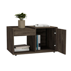Coffee Table, One Open Shelf, Single Door Cabinet, Dark Walnut