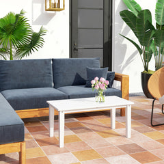 Rectangle Outdoor Coffee Table, HDPE All-Weather Outdoor Patio Table with Slatted Tabletop for Yard, Balcony, White