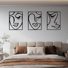 Melody 3 Piece Set Wall Decor, Face Line Drawing Abstract Design, Black Rectangular Metal Frame