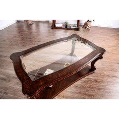 Traditional Style Coffee Table 5mm Tempered Glass Top Cabriole Legs Ornate Carved Design Dark Oak Finish End Table-Not Included