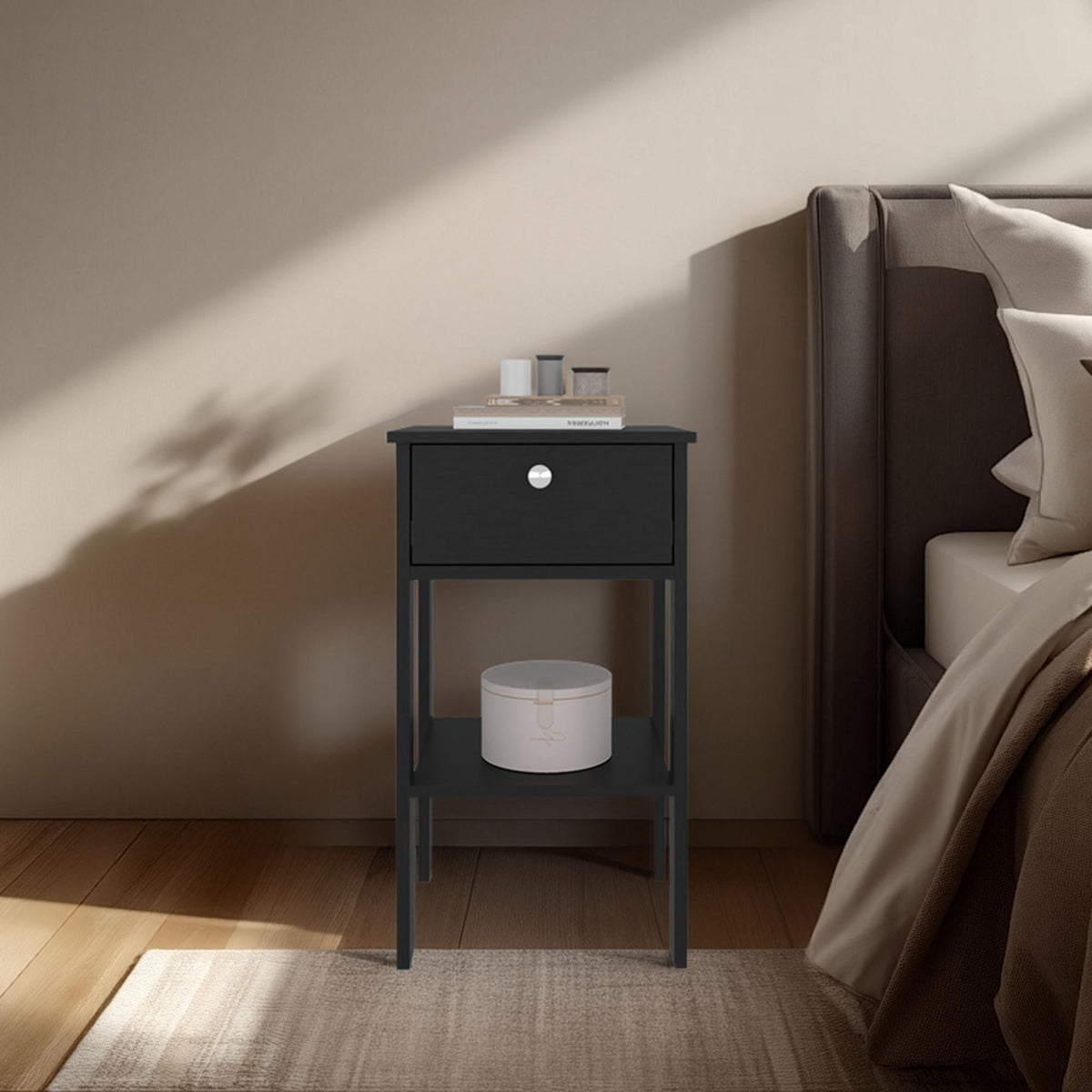 Jason Nightstand With One Drawer And Open Shelf, Modern Bedside Table, Black
