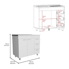 Aphrodite Base Cabinet , Three Drawers, Double Door, Four Legs -White