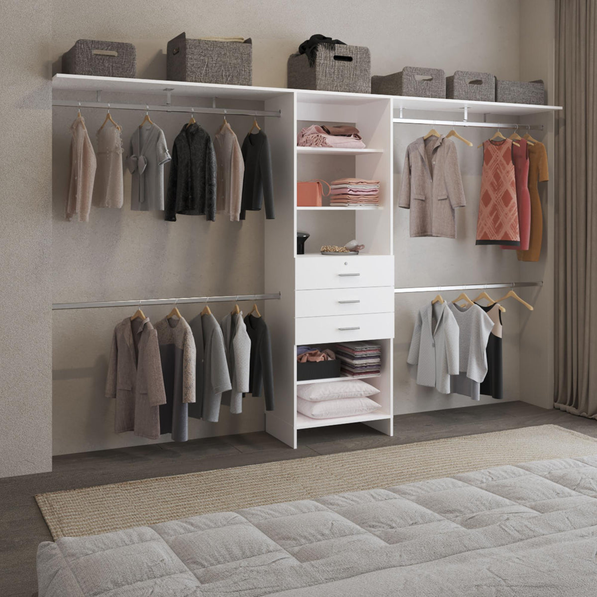 Clytemnestra 69"W - 118"W Drawers Closet System, Five Shelves, Four Hanging Rods, Three Drawers White