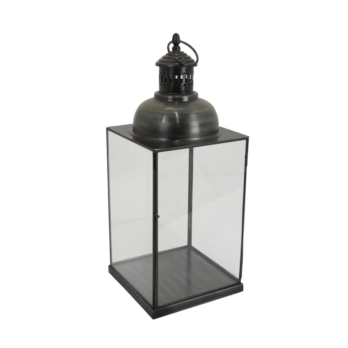 Helen Lantern, Black Metal, Glass Panels, Square Base, 18 Inch Tall