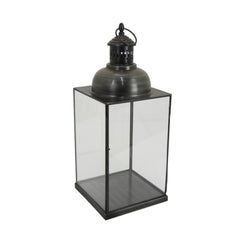 Helen Lantern, Black Metal, Glass Panels, Square Base, 18 Inch Tall