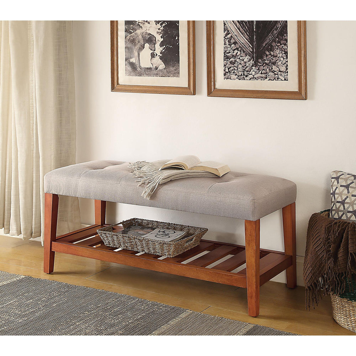 Hera Light Gray Fabric & Oak Finish Bench