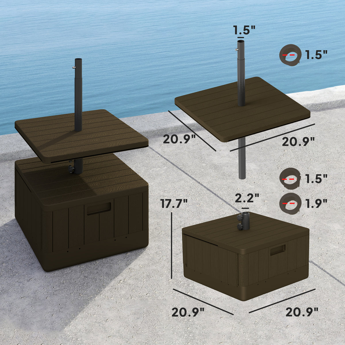 Patio Umbrella Base with Table Tray, Heavy Duty Weighted Umbrella Stand， Wheels Handles, 176lbs，Stand Filling, Brown