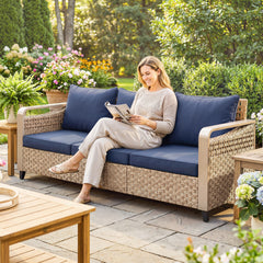 Rattan Wicker Sofa 3-Seater Outdoor Patio Sofa with Cushions for Garden Backyard Porch Dark Blue