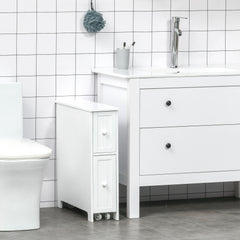 Slim Bathroom Cabinet, Freestanding Storage Cabinet, Toilet Paper Holder with Two Drawers, Side Towel Rack, and Wheels, 7 x 20.5 x 24.75 Inches, White
