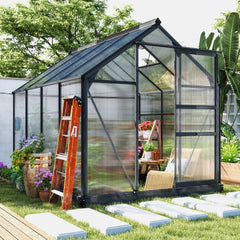 Polycarbonate Greenhouse, Heavy Duty Outdoor Aluminum Walk-in Green House Kit Vent Door, 6.2'x8.3'x6.6' Gray