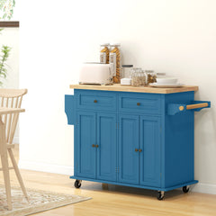 Kitchen Island on Wheels, Rolling Cart with Rubberwood Top, Spice Rack, Towel Rack and Drawers, Turquoise