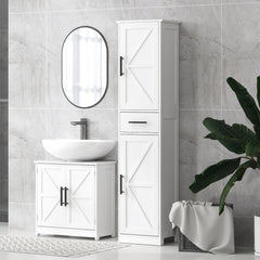 Farmhouse Linen Closet with Drawer, 67" Tall Bathroom Storage Cabinet with Barn Doors and Adjustable Shelves, White