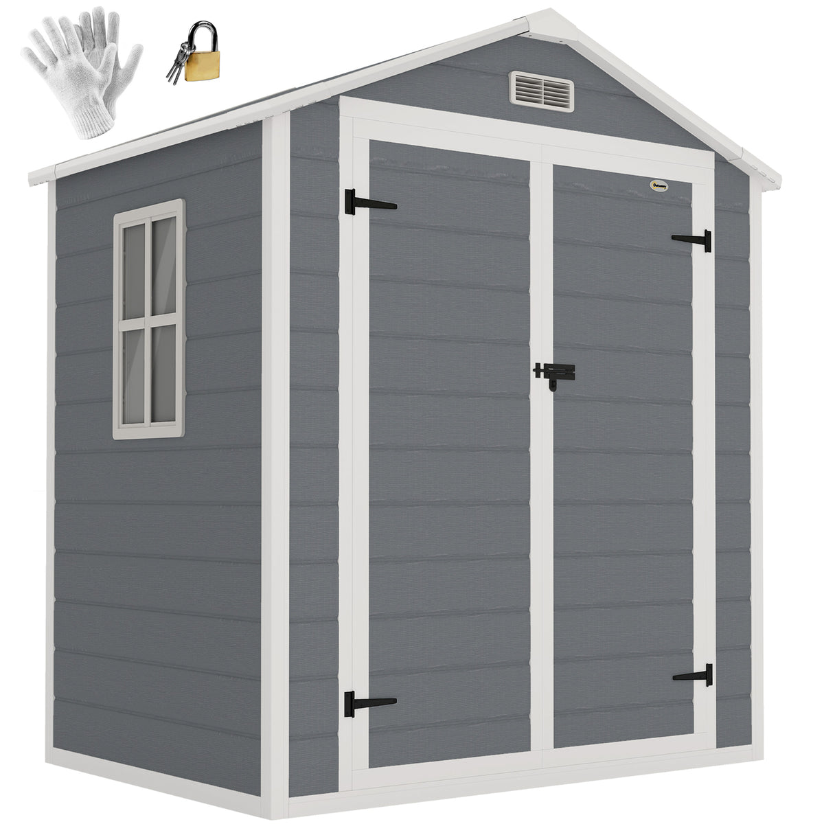 Outdoor Storage Shed, 6' x 4.5' Garden Shed with Double Lockable Doors, Vent and Window, Plastic Utility Tool Shed, Gray