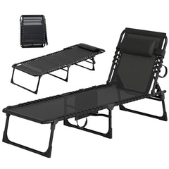 Chaise Lounge Chair Outdoor, 5-Position Adjustable Sun Tanning Chair with Carrying Handle and Side Pocket, Folding Bed Cot with Removable Pillow for Garden, Beach, Patio, Pool, Camp, Black