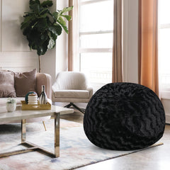 Faux Fur Bean Bag Chair, Black-5ft Cozy and Stretchable Fabric Lounger for Children and Adults with Easy-Clean Cover, Comfortable Faux Fur Seating for Bedrooms, Filled with Shredded and Memory Foam.