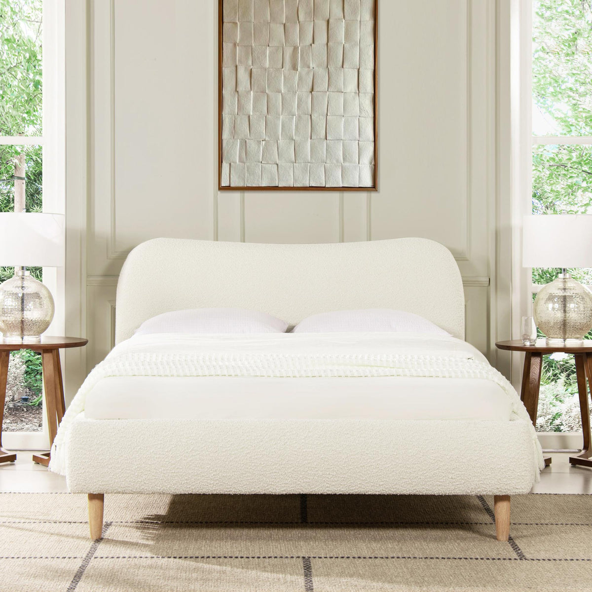 Pinnacle Curved Headboard Upholstered Platform Bed, Queen, Ivory White Boucle