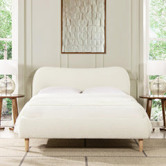 Pinnacle Curved Headboard Upholstered Platform Bed, Queen, Ivory White Boucle