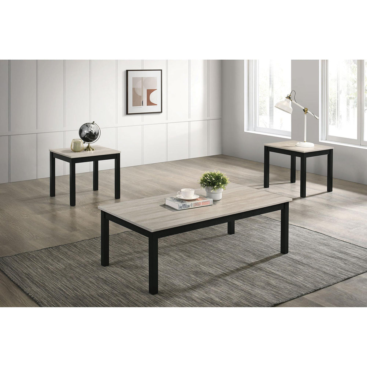 Light Gray Finish 3pc Table Set 1x Coffee Table 2x End Table Faux Marble Top Wooden Legs Primary Living Room