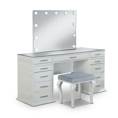 Glam Style 1pc Vanity w/ Padded Stool Set 8mm Glass Top Storage Drawers LED On Mirror Luminous White Finish Bedroom Furniture
