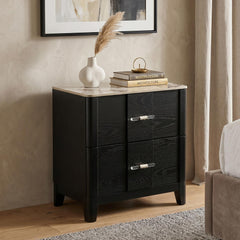 Mars Modern Nightstand with Sintered Stone Top & Smooth Drawer Glides in Black
