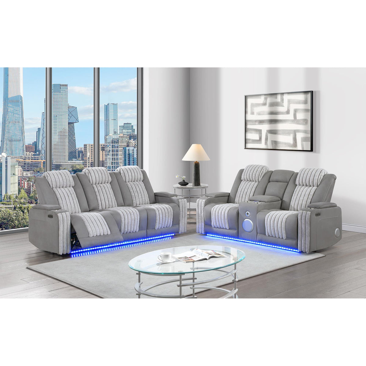 Epic Grey 2PC Power Reclining Sofa and Loveseat with Power Headrest, LED and more