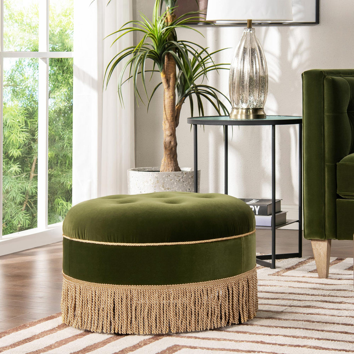 Planet 24" Round Upholstered Accent Ottoman, Olive Green Performance Velvet