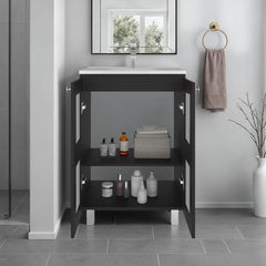 Neptune Bathroom Vanity Cabinet with 2 frosted glass Doors, Resin Sink and 2 Interior Shelves Cabinet, Compact Vintage and Modern Bathroom Vanity