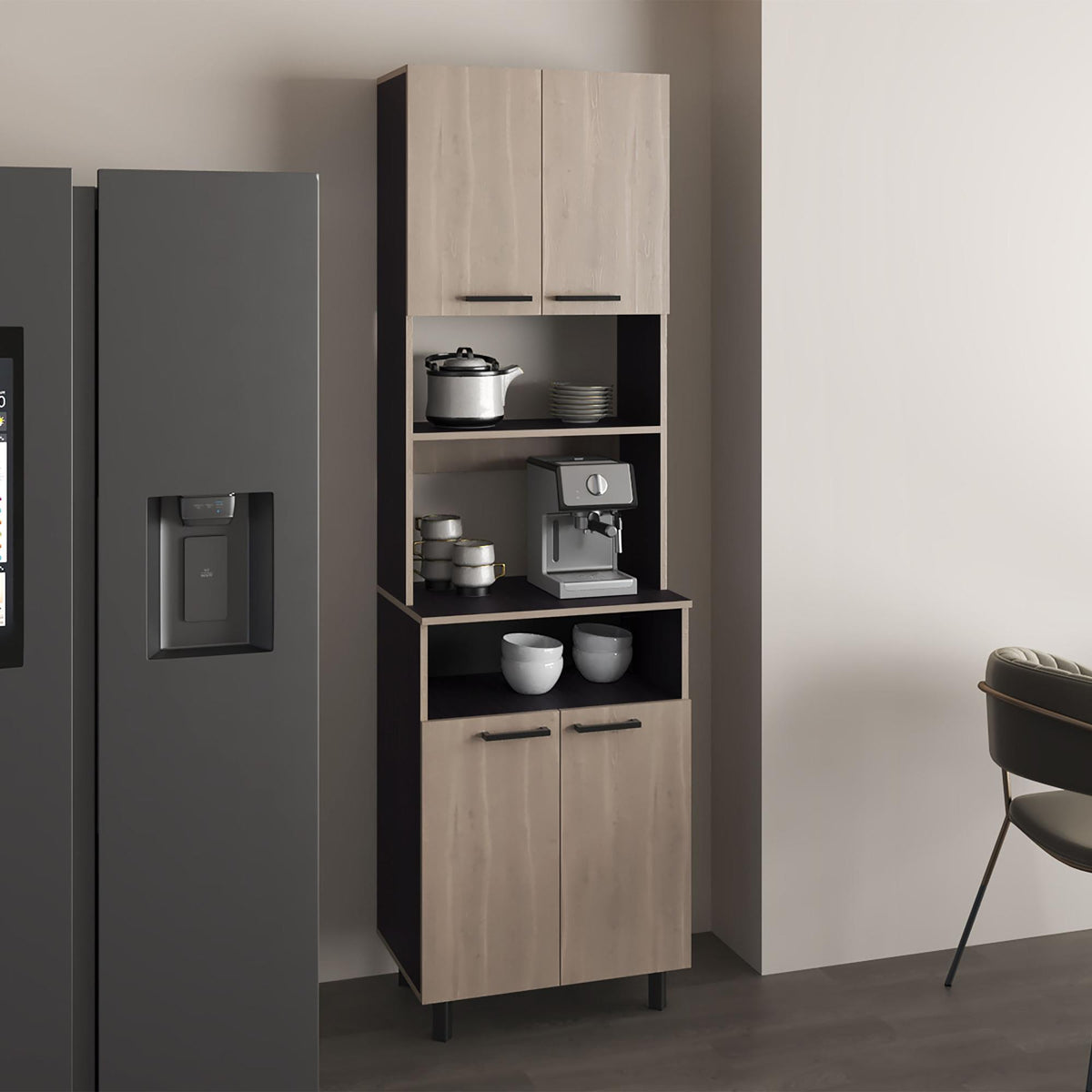 Arcadia Pantry Cabinet, With 5 Shelves And 4 Doors, Black, Light Gray