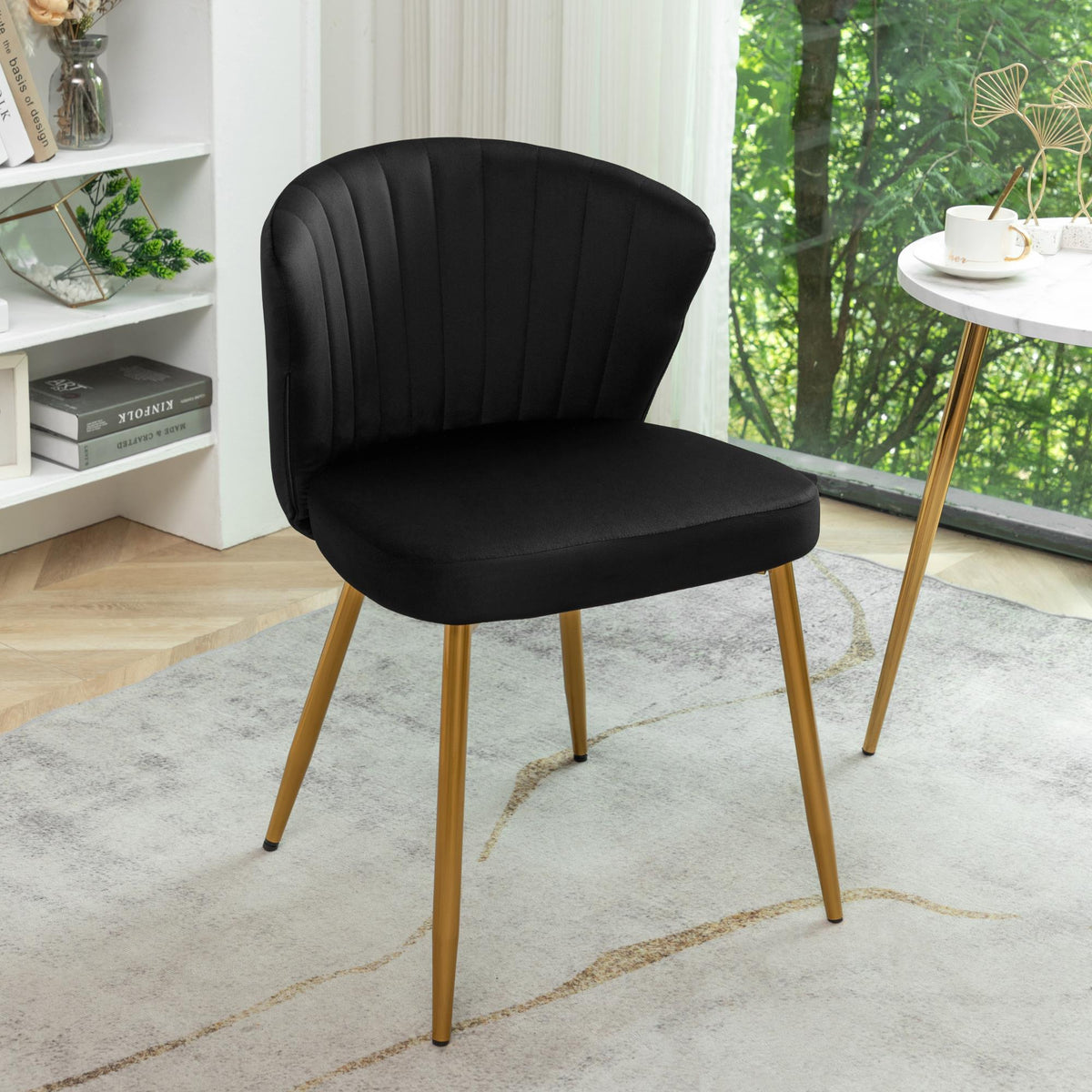 Modern Velvet Armless Accent Chair, Channel Tufted Dining Chair with Gold Metal Legs, Upholstered Side Chair for Living Room Bedroom Small Spaces