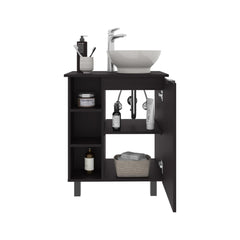 Cosmos Vessel Sink Vanity With One Door Storage And Open Shelves, Freestanding Bathroom Cabinet, Black