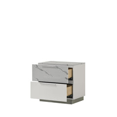 Hecuba Nightstand – Two-Tone High-Gloss Marble & Lacquer Finish with Two Drawers, Velvet-Lined Interior, and a Compact Elegant Design