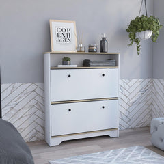 Eternity Shoe Rack, Superior Top, One Open Shelf, Two Extendable Shelves -Light Oak / White