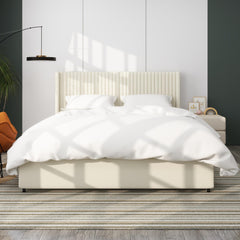 Andromache Patented 2-Drawer Storage Bed Queen Size Ivory Velvet Upholstered Wingback Platform Bed, Modern Design Headboard with Tight Channel, Wooden Slat Mattress Support No Box Spring Needed