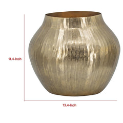 Hercules 13 Inch Modern Vase, Curved Shape, Hammered Texture, Gold Metal Finish