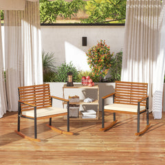 Acacia Wood Outdoor Lawn Rocking Chair Set of 2, Outdoor Patio Rocking Chairs with Armrests, Cushion, Cream White
