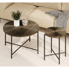 Nebula Pattern 2-Piece Coffee and End Table Set – Waterproof MDF with PVC Cover, Distressed Cylindrical Design, Black Metal Legs – Classic Rustic Charm, Dark Walnut