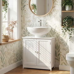 Pedestal Sink Storage Cabinet, Bathroom Sink Cabinet with U-Shape Cut-Out and Adjustable Shelf, White
