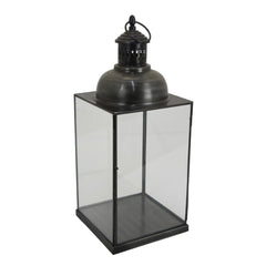 Helen Lantern, Black Metal, Glass Panels, Square Base, 20 Inch Tall
