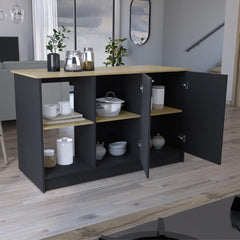 Poem Kitchen Island with Large Top Surface, Double Door Cabinet, and Open Shelves Black / Macadamia