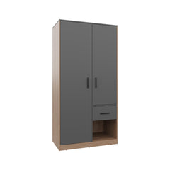 Clytemnestra 2-Door One Drawer Amoire with 2 Cabinets, Two Hanging rods and Four Shelves in Matt Gray and Natural Oak