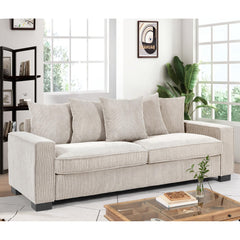 Odysseus Corduroy Sofa with 5 Matching Toss Pillows, Sleek Design, Spacious and Comfortable 3 Seater Couch for Modern Living Room, Large, Ivory