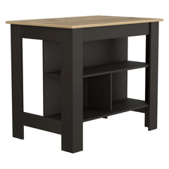 Kitchen Island, kitchen table 35" H, Four Legs, Three Open Storage Shelves, Black / Light Oak