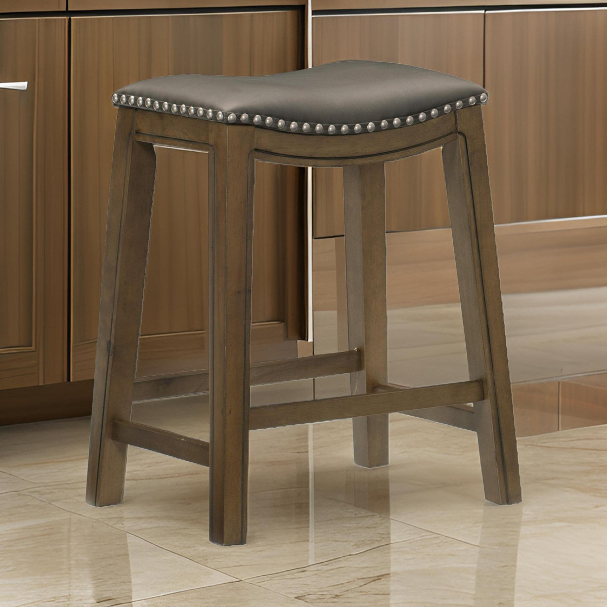 Avalon 26 Inch Counter Height Stool, Gray Faux Leather Seat, Brown Solid Wood