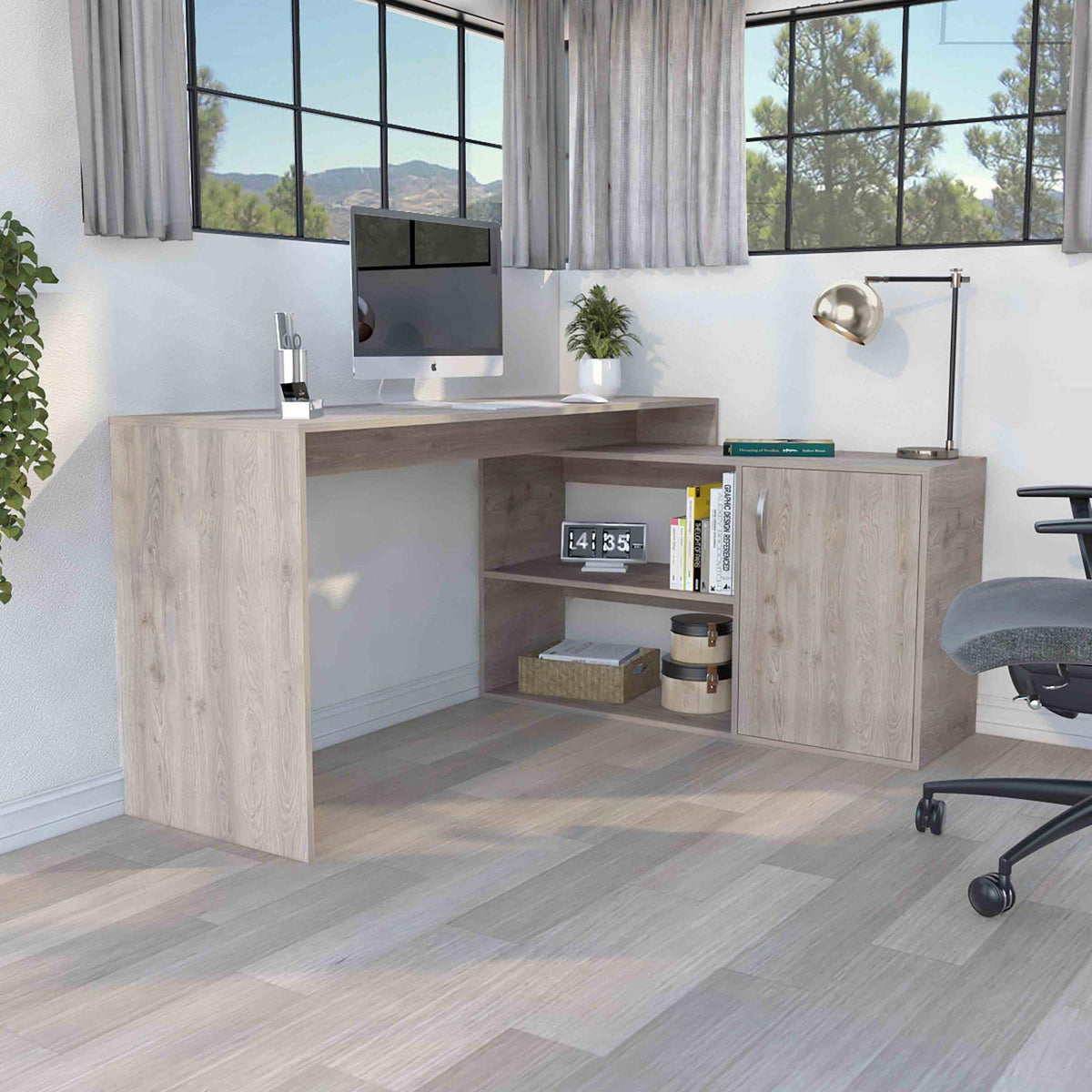 Comet Modern L-Shaped Computer Desk with Open & Closed Storage -Light Gray