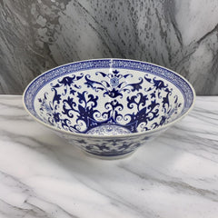 Valhalla 16 Inch Decorative Bowl, Ceramic, Floral Design, Blue and White