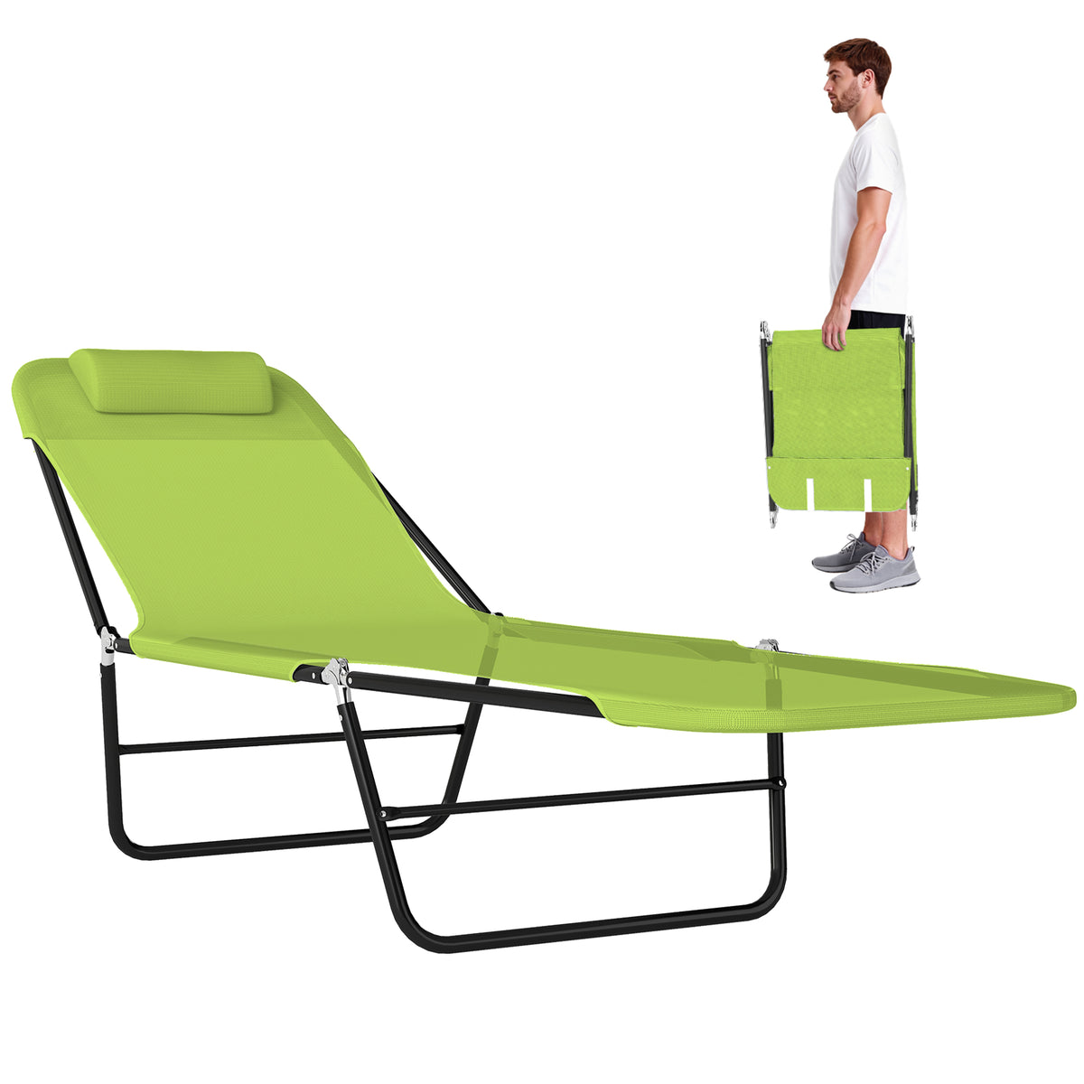 Folding Chaise Lounge Chair, Pool Sun Tanning Chair, Outdoor Lounge Chair with Reclining Back, Breathable Mesh Seat, Headrest for Beach, Yard, Patio, Green