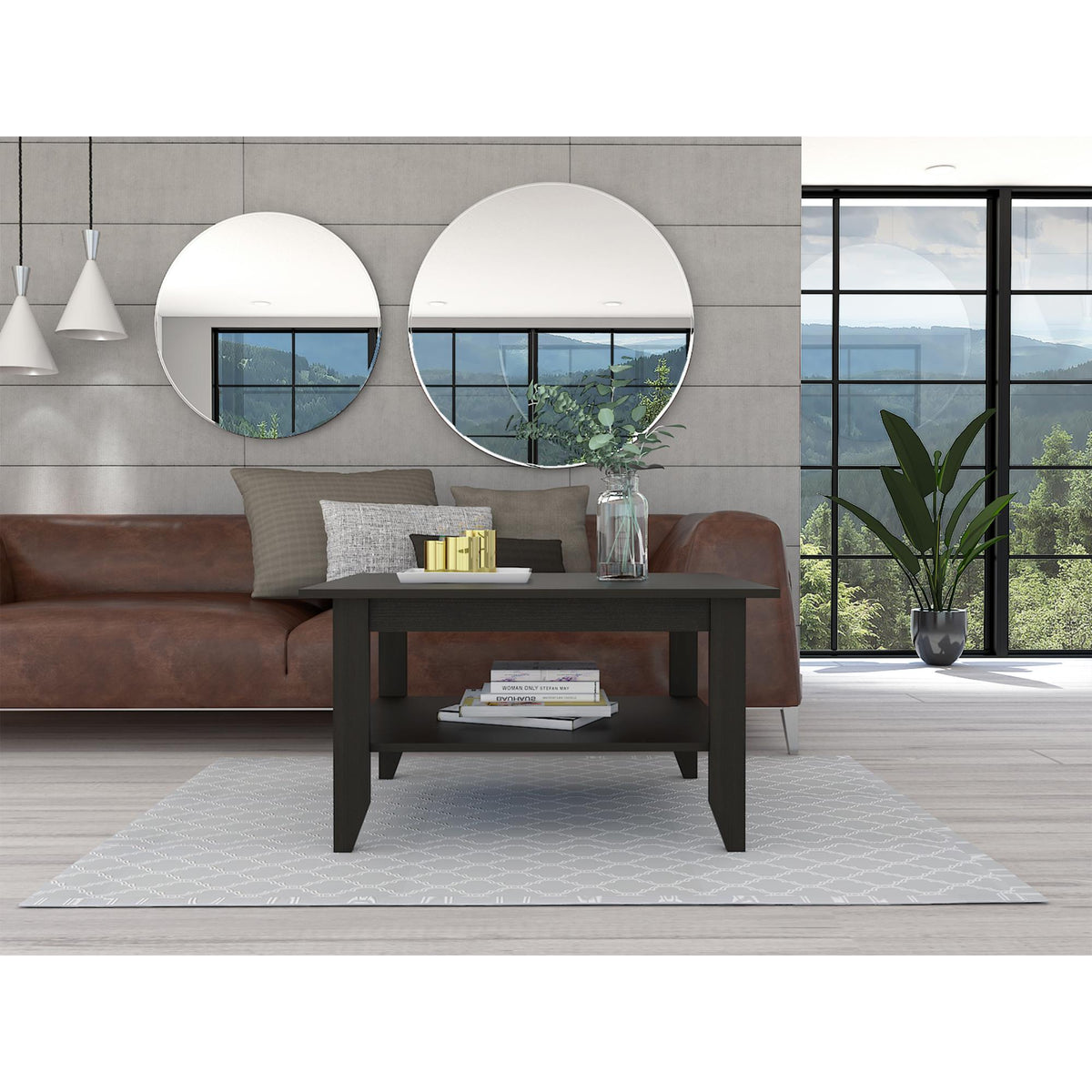 Halo Coffee Table, One Shelf, Four Legs -Black