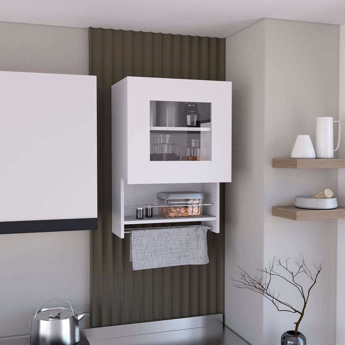 Kitchen wall cabinet 29" H, with towel rack and spice rack, one door, two internal shelves, white