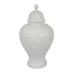 Aurora 18 Inch Temple Jar, Embossed Design, Removable Lid, White Finish