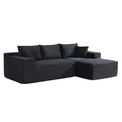 2-Piece Convertible Corduroy L-Shaped Sofa in a Box with Pillows, 3-Seater Modular Sectional Couch, Compressed Living Room Furniture, Black (Right Facing)